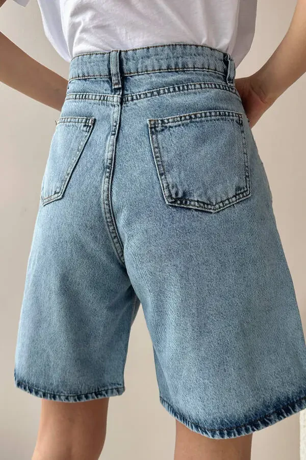 Women's Light Blue High Waist Wide Leg Bermuda Denim Shorts ALC-X8174 - 5