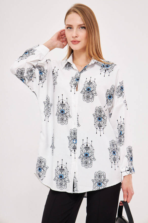 Women's Light Blue Patterned Oversized Long Basic Shirt ARM-22Y001148 - 2