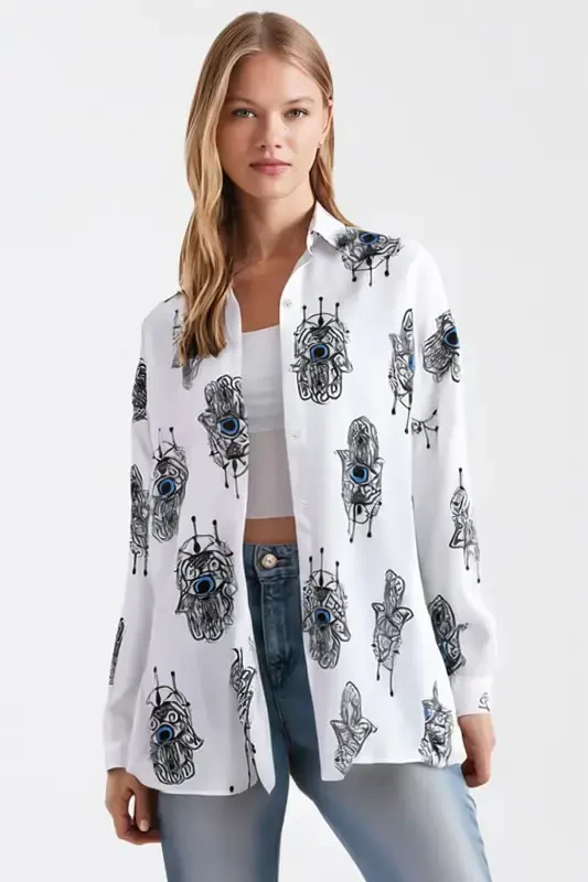 Women's Light Blue Patterned Oversized Long Basic Shirt ARM-22Y001148 - ARMONIKA