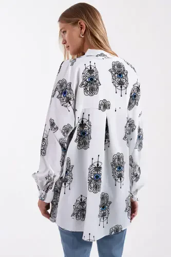 Women's Light Blue Patterned Oversized Long Basic Shirt ARM-22Y001148 - 3