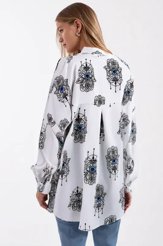 Women's Light Blue Patterned Oversized Long Basic Shirt ARM-22Y001148 - 3