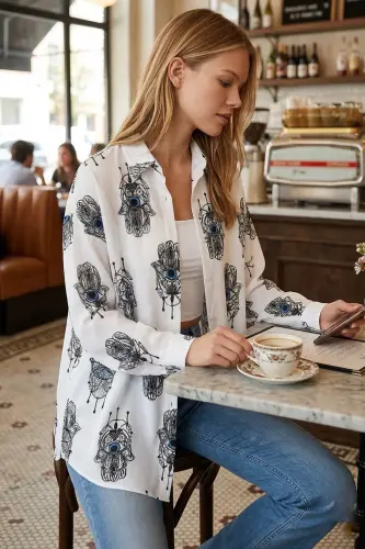 Women's Light Blue Patterned Oversized Long Basic Shirt ARM-22Y001148 - 3