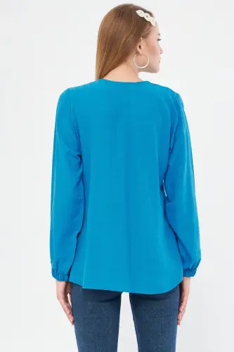 Women's Light Blue Shirred Shirt with Elasticated Sleeves ARM-24K001002-Light Blue - 4