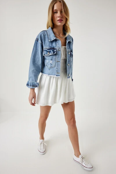 Women's Light Blue Tasseled Denim Crop Jacket RV00159 - HAPPINESS İSTANBUL