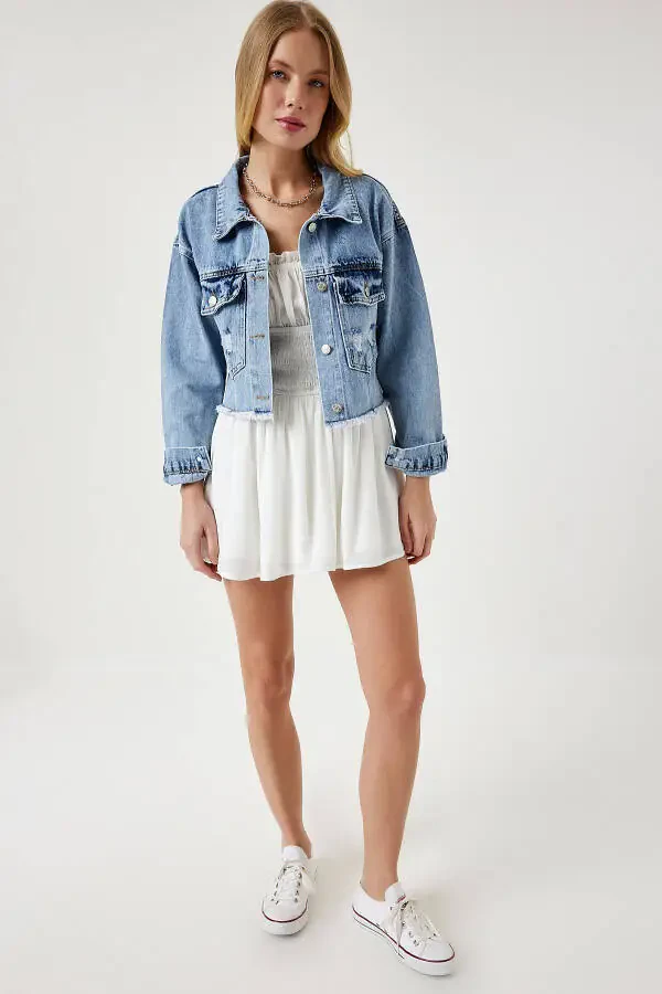 Women's Light Blue Tasseled Denim Crop Jacket RV00159 - 2