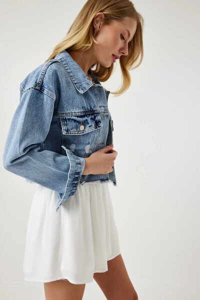 Women's Light Blue Tasseled Denim Crop Jacket RV00159 - 4