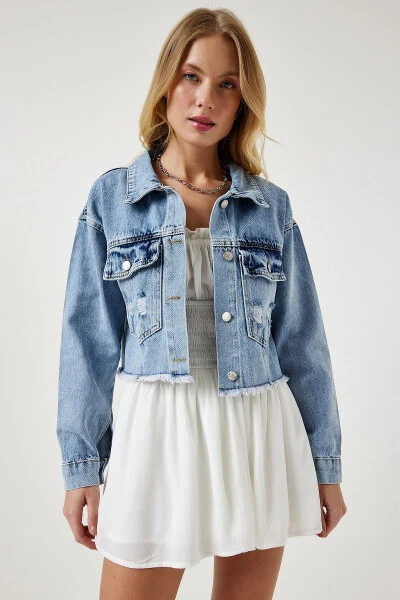 Women's Light Blue Tasseled Denim Crop Jacket RV00159 - 6