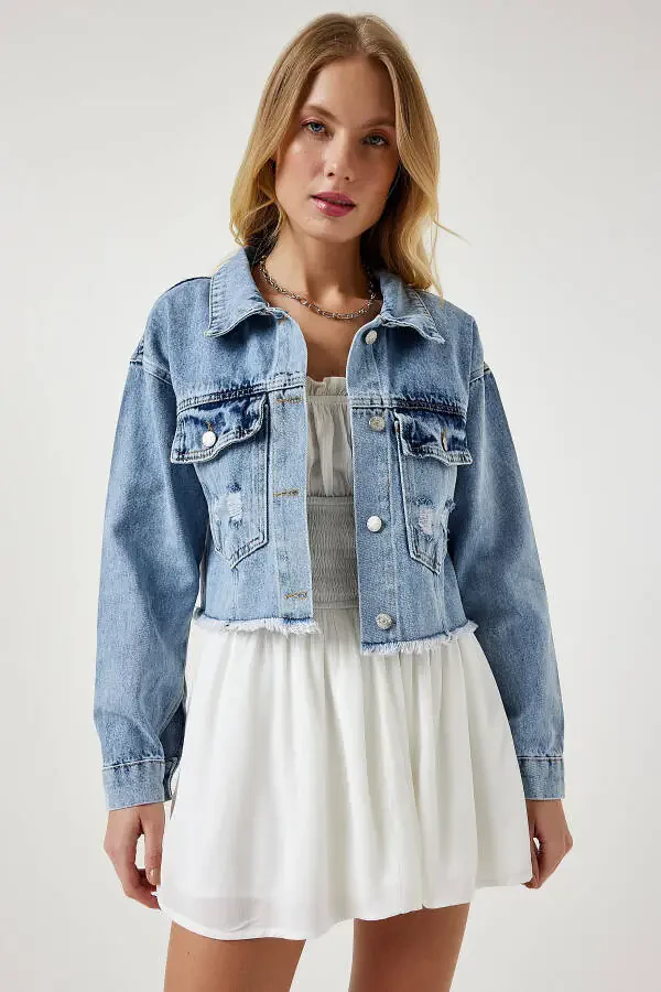 Women's Light Blue Tasseled Denim Crop Jacket RV00159 - 6