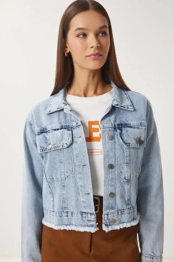 Women's Light Blue Tasseled Denim Jacket AN00218 - 3
