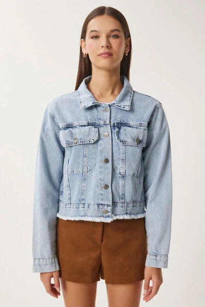 Women's Light Blue Tasseled Denim Jacket AN00218 - 4