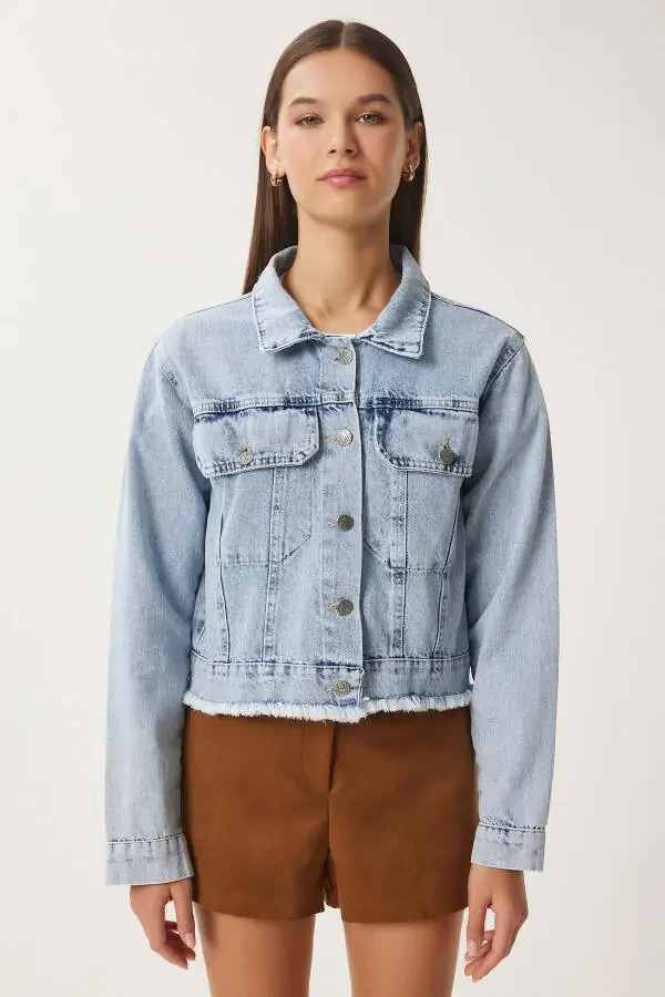 Women's Light Blue Tasseled Denim Jacket AN00218 - 4