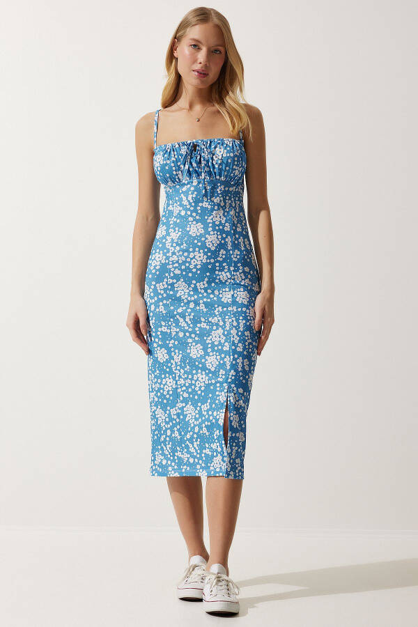 Women's Light Blue White Floral Slit Summer Knit Dress CI00029 - 2