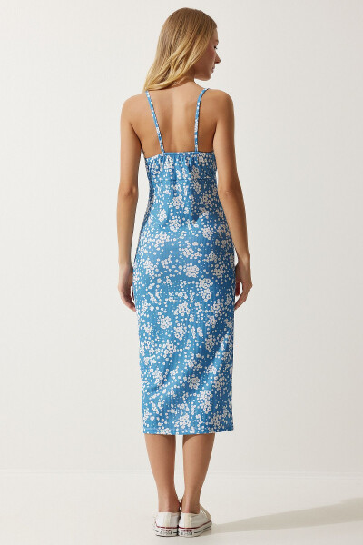 Women's Light Blue White Floral Slit Summer Knit Dress CI00029 - 6