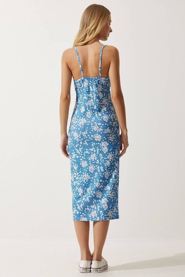 Women's Light Blue White Floral Slit Summer Knit Dress CI00029 - 6