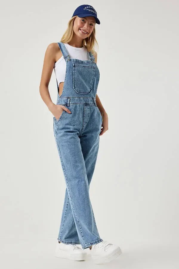 Women's Light Blue Wide Leg Pocket Denim Overalls RV00162 - 3
