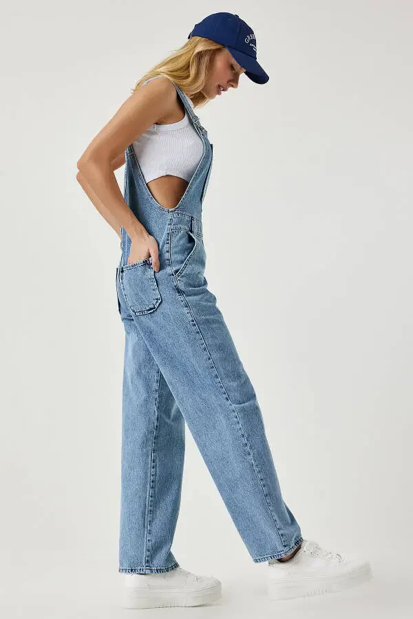 Women's Light Blue Wide Leg Pocket Denim Overalls RV00162 - 4