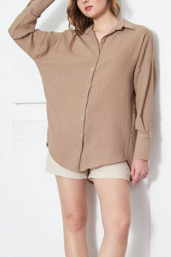 Women's Light Brown Oversized Textured Linen Look Wide Cuff Shirt ARM-24K001001 - 1