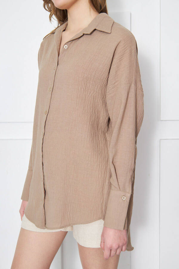 Women's Light Brown Oversized Textured Linen Look Wide Cuff Shirt ARM-24K001001 - 2