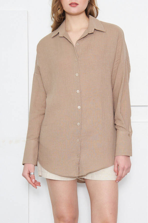 Women's Light Brown Oversized Textured Linen Look Wide Cuff Shirt ARM-24K001001 - 3