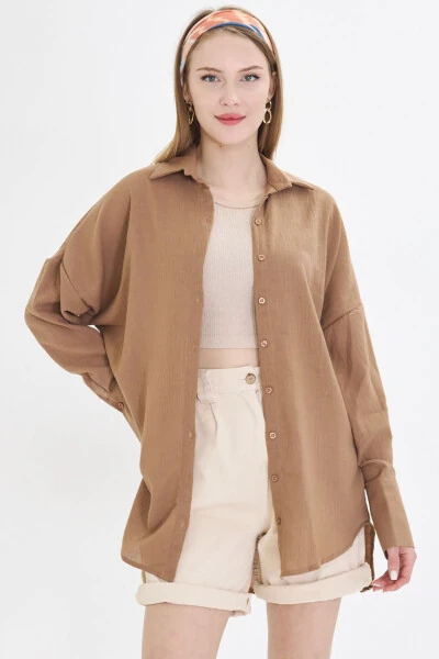 Women's Light Brown Oversized Textured Linen Look Wide Cuff Shirt ARM-24K001001 - ARMONIKA