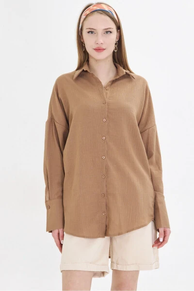 Women's Light Brown Oversized Textured Linen Look Wide Cuff Shirt ARM-24K001001 - ARMONIKA (1)