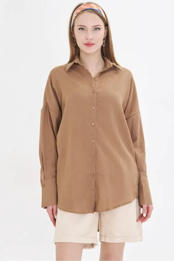 Women's Light Brown Oversized Textured Linen Look Wide Cuff Shirt ARM-24K001001 - 2