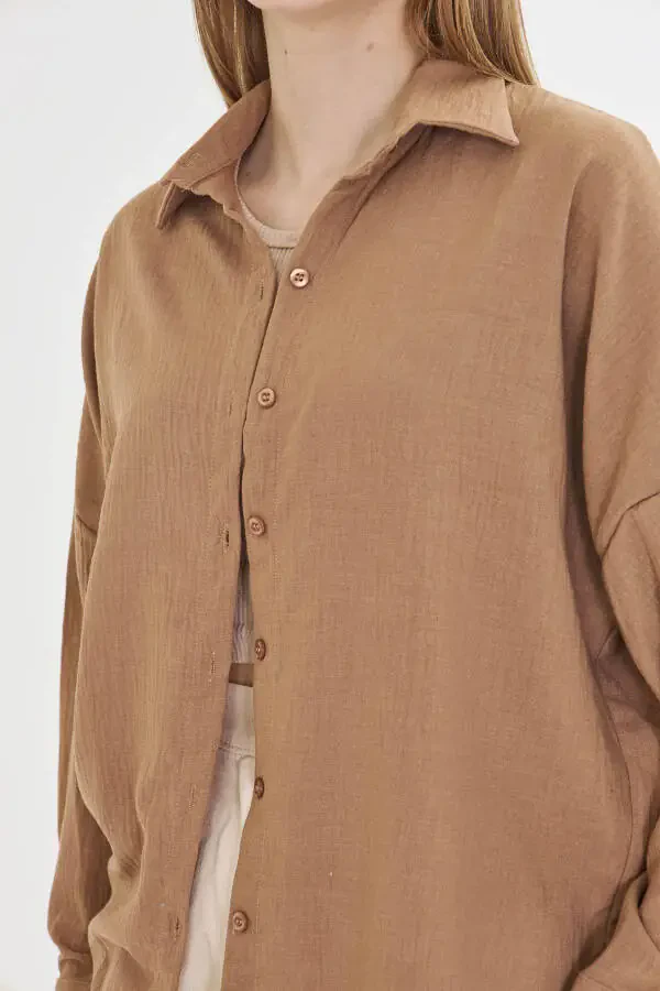 Women's Light Brown Oversized Textured Linen Look Wide Cuff Shirt ARM-24K001001 - 3