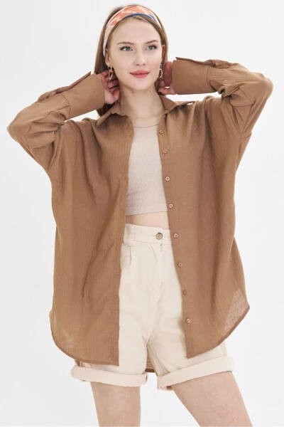 Women's Light Brown Oversized Textured Linen Look Wide Cuff Shirt ARM-24K001001 - 4