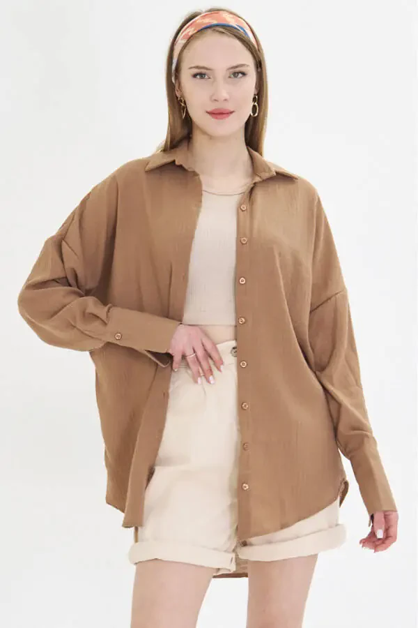 Women's Light Brown Oversized Textured Linen Look Wide Cuff Shirt ARM-24K001001 - 5