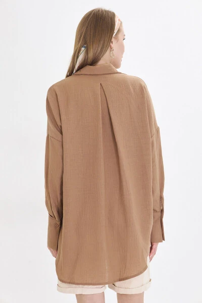 Women's Light Brown Oversized Textured Linen Look Wide Cuff Shirt ARM-24K001001 - 6