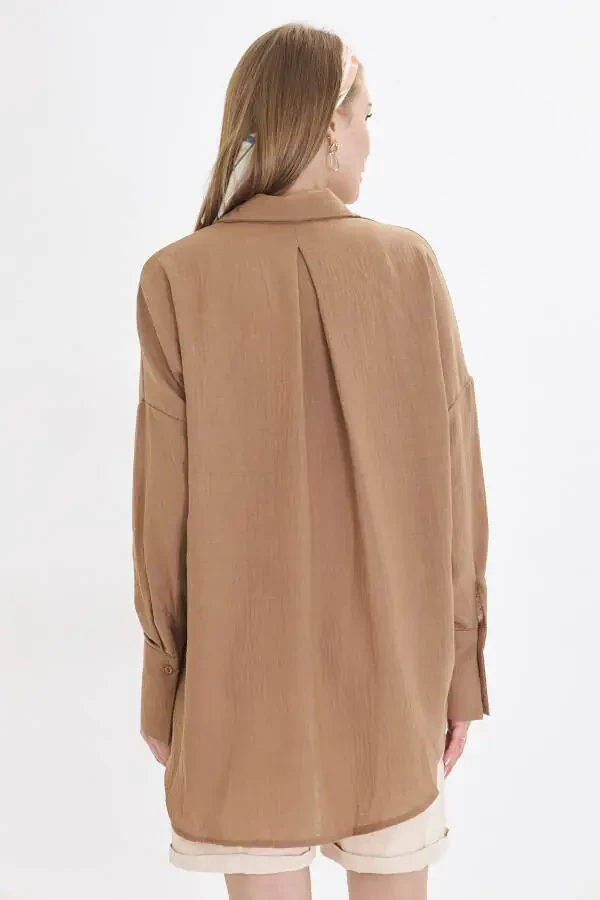 Women's Light Brown Oversized Textured Linen Look Wide Cuff Shirt ARM-24K001001 - 6