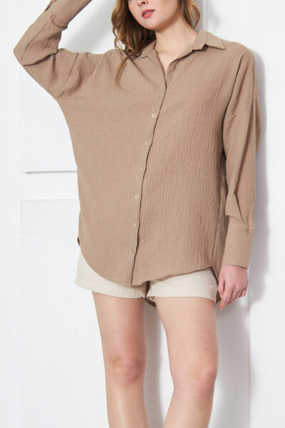 Women's Light Brown Oversized Textured Linen Look Wide Cuff Shirt ARM-24K001001 - 5