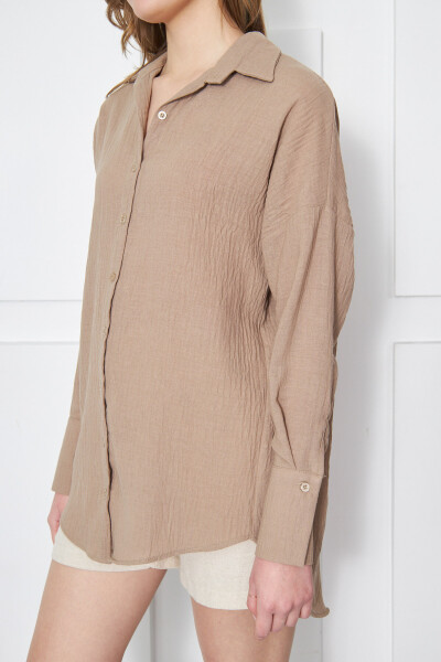 Women's Light Brown Oversized Textured Linen Look Wide Cuff Shirt ARM-24K001001 - 6