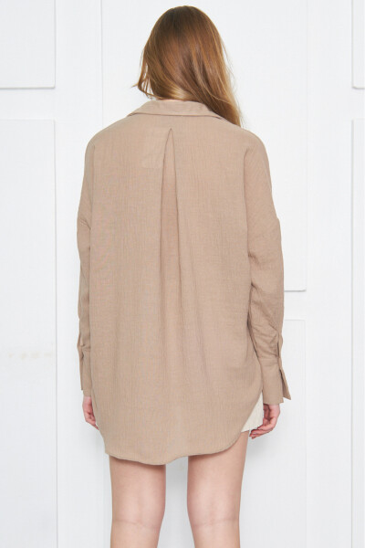 Women's Light Brown Oversized Textured Linen Look Wide Cuff Shirt ARM-24K001001 - 8