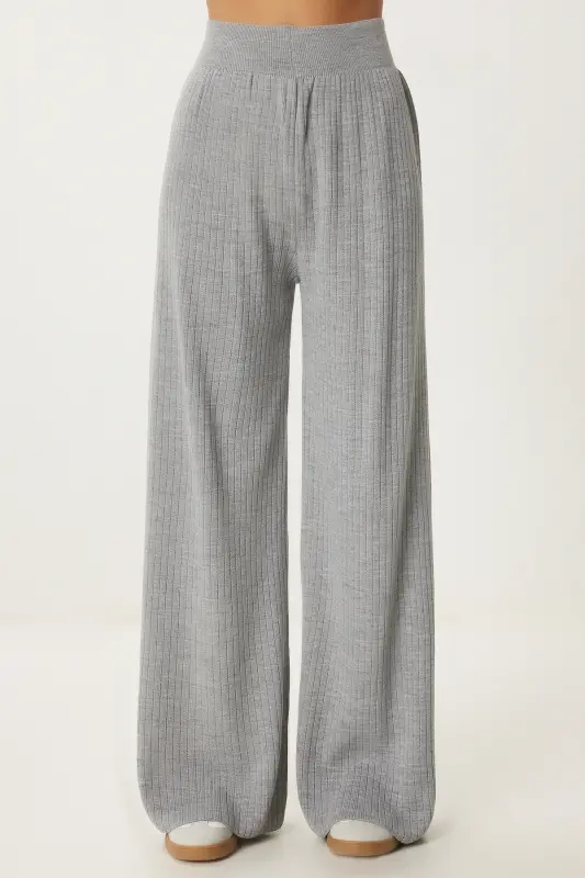 Women's Light Gray Ribbed Knit Pants KI00096-Light Gray - 4