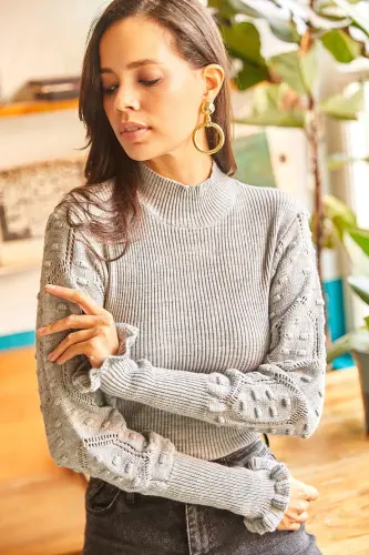 Women's Light Gray Ribbed Knitted Sweater with Stand-up Collar and Sleeve Detail KZK-19000383-Light Gray - 4