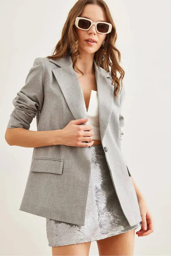 Women's Light Gray Single-Button Lined Pocket Flap Premium Blazer Jacket - 3