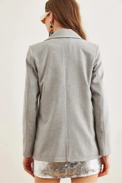Women's Light Gray Single-Button Lined Pocket Flap Premium Blazer Jacket - 8