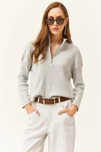 Women's Light Gray Zippered High Neck Sweatshirt-Light Gray - OLALOOK (1)