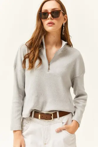 Women's Light Gray Zippered High Neck Sweatshirt-Light Gray - 3