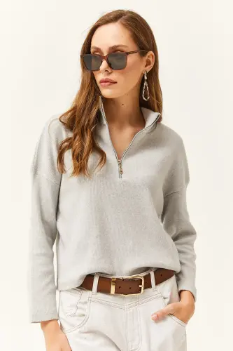 Women's Light Gray Zippered High Neck Sweatshirt-Light Gray - 4