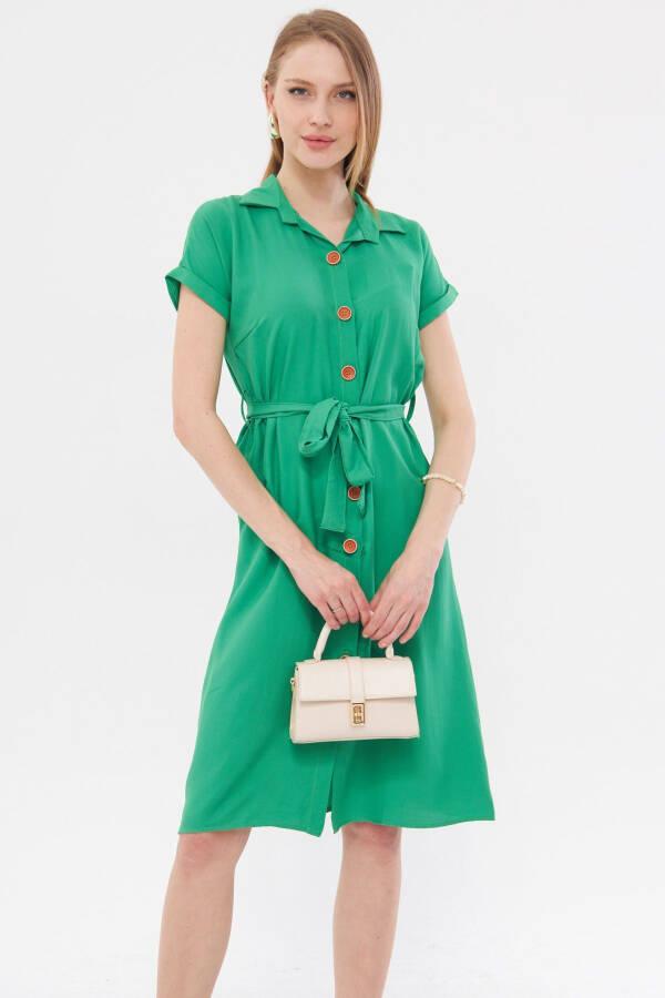 Women's Light Green Belted Short Sleeve Shirt Dress ARM-19Y001068 - 1