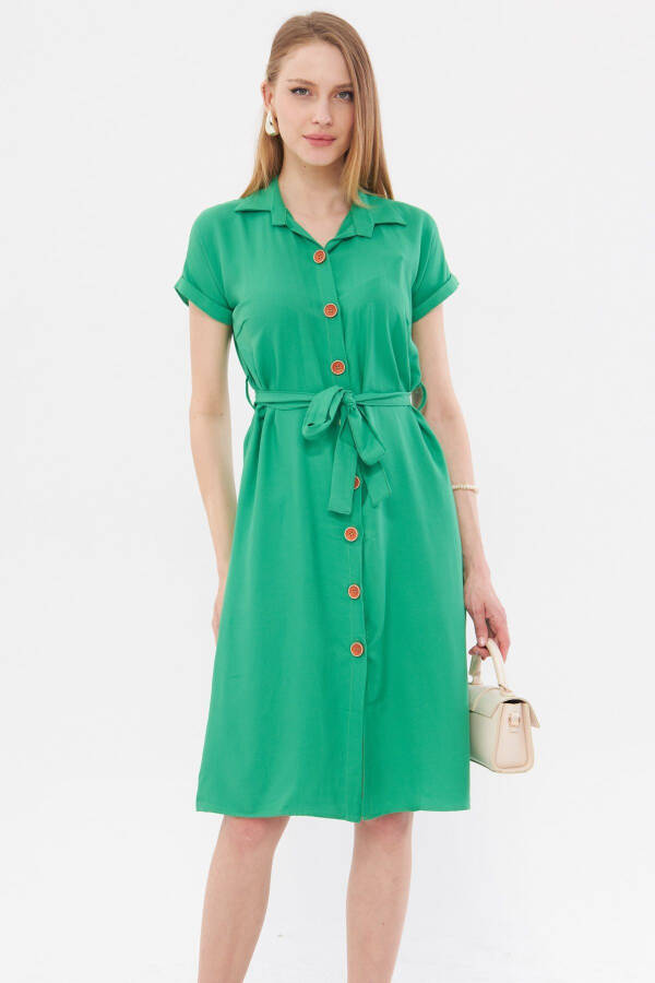 Women's Light Green Belted Short Sleeve Shirt Dress ARM-19Y001068 - 3