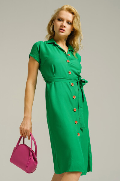 Women's Light Green Belted Short Sleeve Shirt Dress ARM-19Y001068 - 7