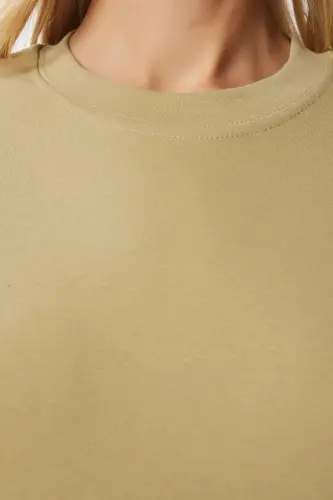 Women's Light Green Cotton Basic Knitted T-Shirt AG00001-Light Green - HAPPINESS İSTANBUL (1)