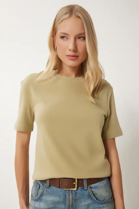 Women's Light Green Cotton Basic Knitted T-Shirt AG00001-Light Green - 5