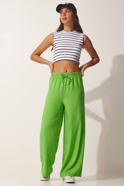 Women's Light Green Cotton Viscose Palazzo Pants B - 3