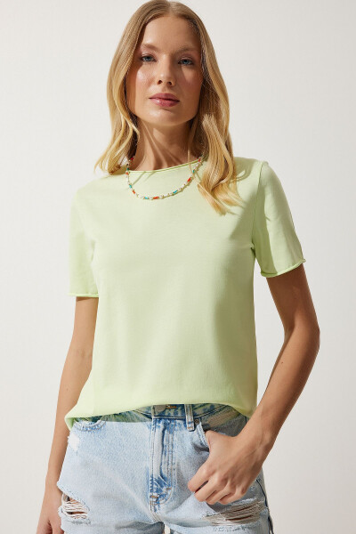 Women's Light Green Crew Neck Basic Knit T-Shirt UB00229 