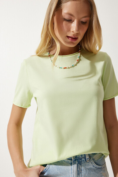 Women's Light Green Crew Neck Basic Knit T-Shirt UB00229 - 2