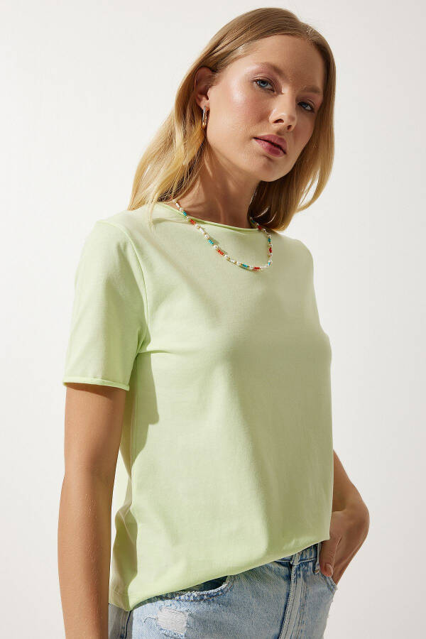 Women's Light Green Crew Neck Basic Knit T-Shirt UB00229 - 3